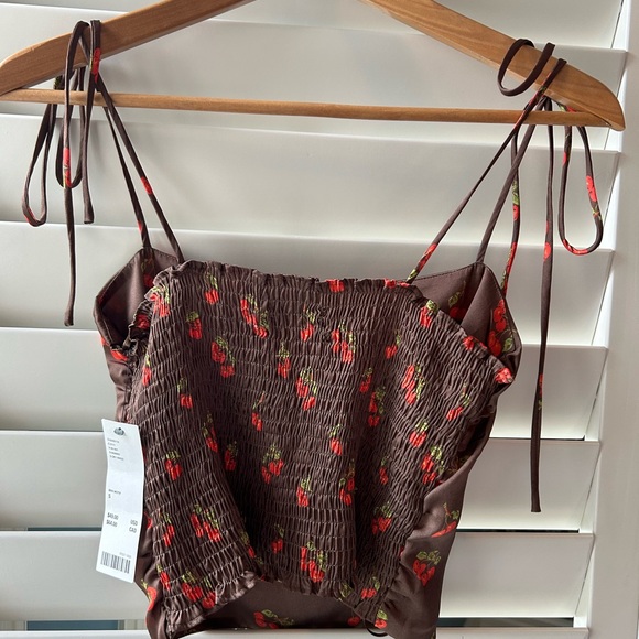 NWT Urban Outfitters Brown Silk Top with Red Cherries - Picture 3 of 6